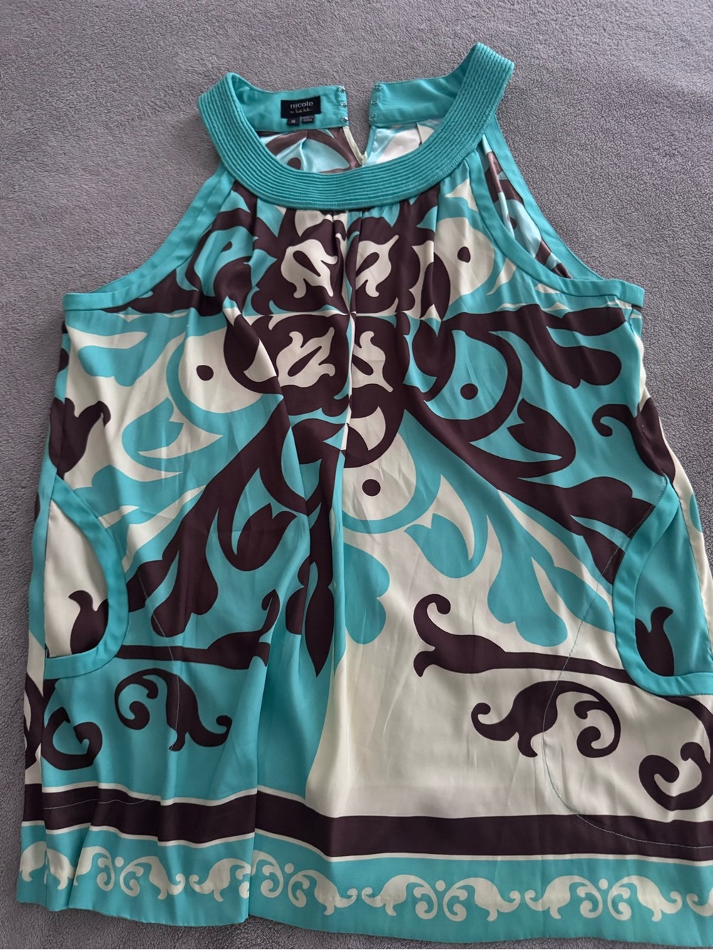 Nicole Miller Turquoise and Brown Print Halter Camisole